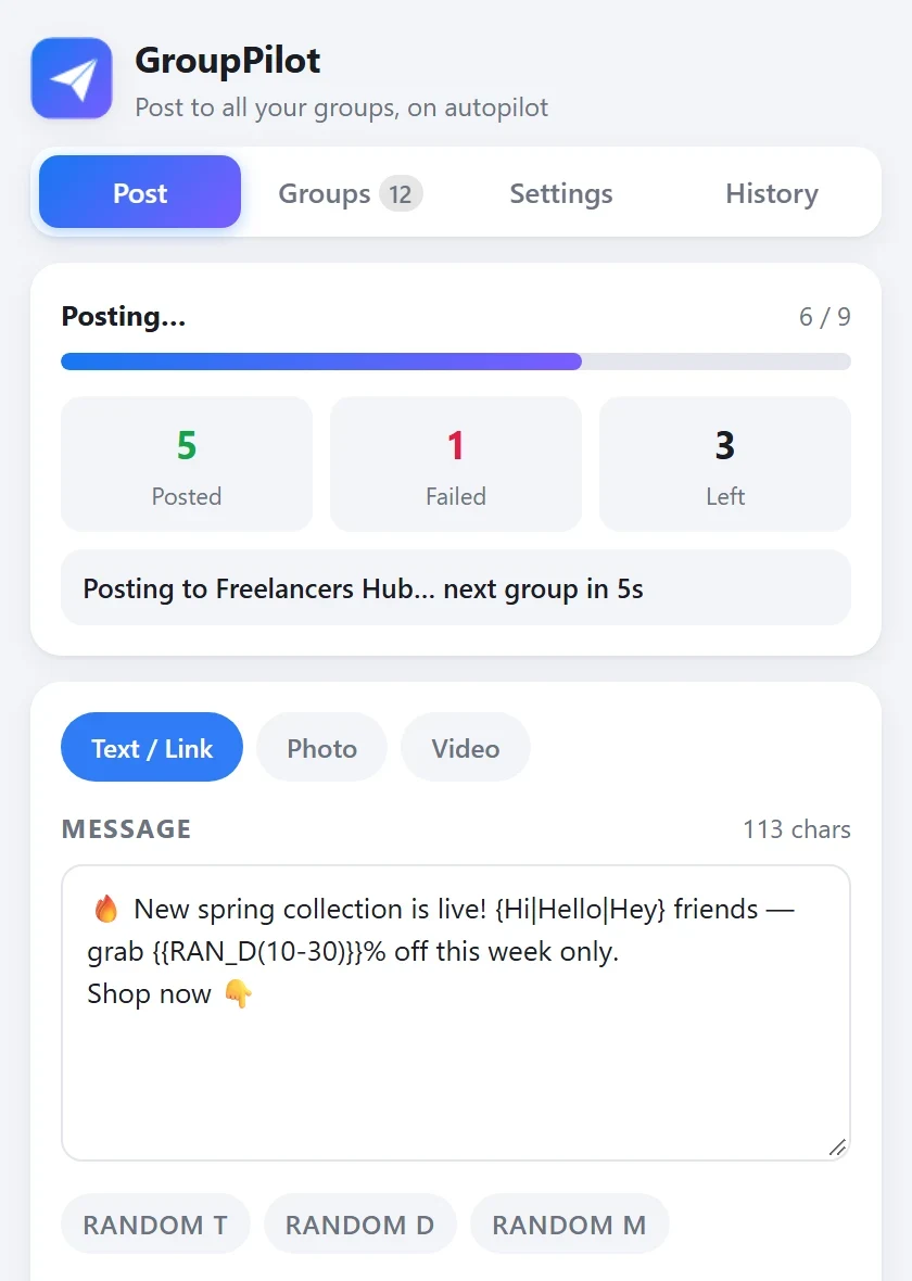 GroupPilot Facebook group poster Chrome extension posting to multiple groups with live progress