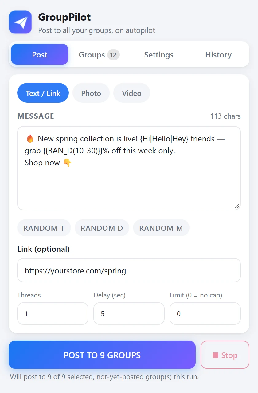 GroupPilot screenshot: Write once